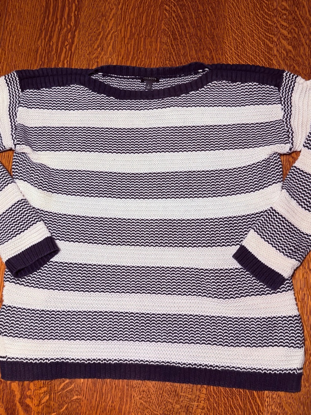 Talbots Navy and White Striped Long Sleeve Crewneck Top